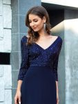 Sexy V Neck Sequin Evening Dresses with 3/4 Sleeve – Navy Blue