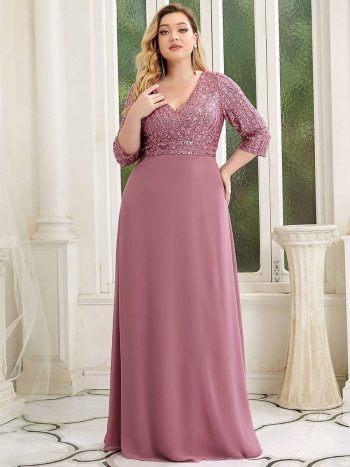 Plus Size V Neck A-Line Sequin Formal Evening Dress with Sleeve - Purple Orchid