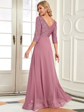 Sexy V Neck Sequin Evening Dresses with 3/4 Sleeve - Purple Orchid