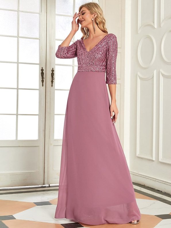 Sexy V Neck Sequin Evening Dresses with 3/4 Sleeve - Purple Orchid