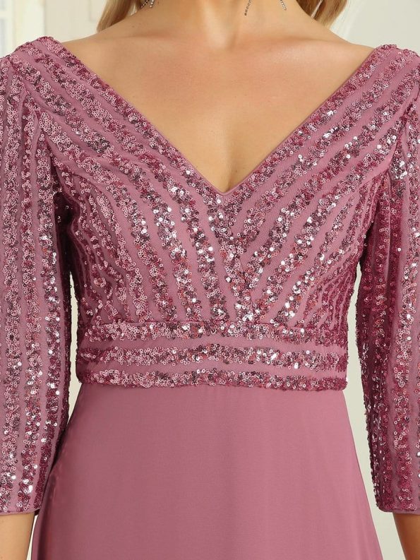 Sexy V Neck Sequin Evening Dresses with 3/4 Sleeve - Purple Orchid