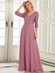 Sexy V Neck Sequin Evening Dresses with 3/4 Sleeve - Purple Orchid