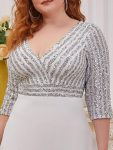 Plus Size V Neck A-Line Sequin Formal Evening Dress with Sleeve – White