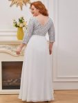 Plus Size V Neck A-Line Sequin Formal Evening Dress with Sleeve – White