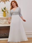 Plus Size V Neck A-Line Sequin Formal Evening Dress with Sleeve – White