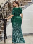 Sexy Deep V Neckline Sequin Fishtail Evening Dresses with Half Sleeve – Dark Green