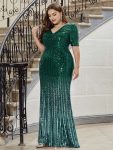 Sexy Deep V Neckline Sequin Fishtail Evening Dresses with Half Sleeve – Dark Green