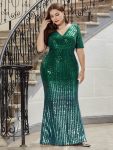 Sexy Deep V Neckline Sequin Fishtail Evening Dresses with Half Sleeve – Dark Green