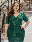 Sexy Deep V Neckline Sequin Fishtail Evening Dresses with Half Sleeve – Dark Green