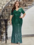 Sexy Deep V Neckline Sequin Fishtail Evening Dresses with Half Sleeve – Dark Green