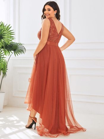Plus Size Sequin High-Low Deep V Neck Tulle Prom Dresses - Burnt Orange