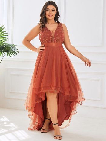 Plus Size Sequin High-Low Deep V Neck Tulle Prom Dresses - Burnt Orange