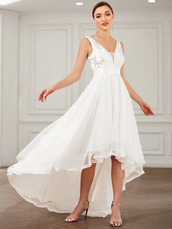 Fashion Sequin Appliques High-Low Tulle Elopement Dress for Wedding - Cream