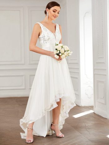 Fashion Sequin Appliques High-Low Tulle Elopement Dress for Wedding - Cream