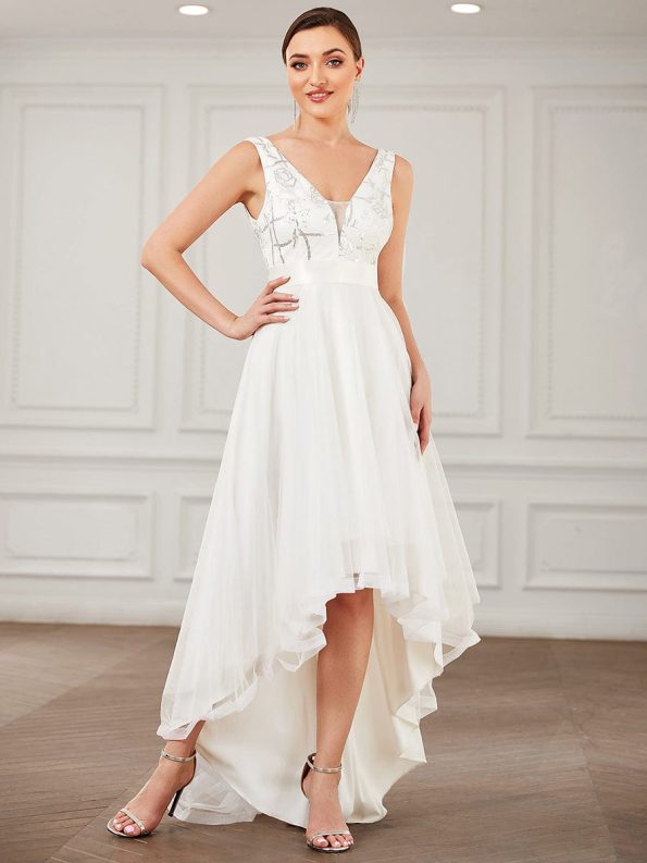 Fashion Sequin Appliques High-Low Tulle Elopement Dress for Wedding - Cream