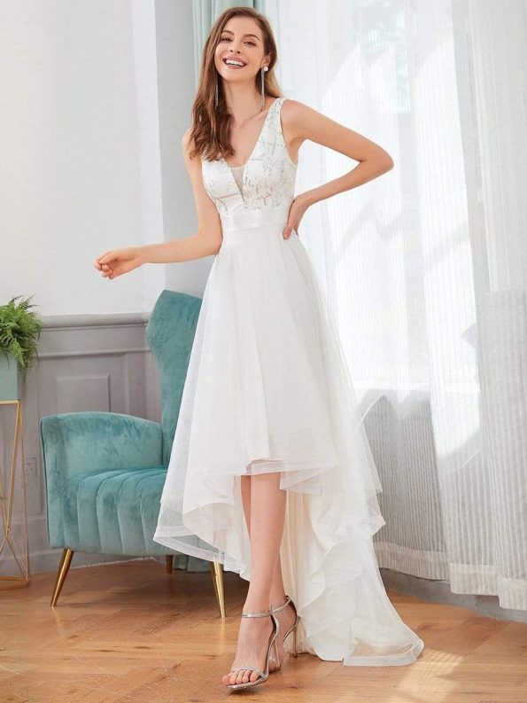 Fashion Sequin Appliques High-Low Tulle Elopement Dress for Wedding - Cream