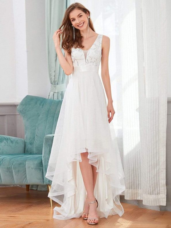 Fashion Sequin Appliques High-Low Tulle Elopement Dress for Wedding - Cream