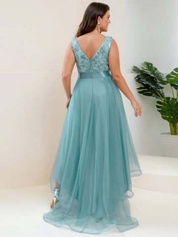 Plus Size Sequin High-Low Deep V Neck Tulle Prom Dresses - Dusty Blue