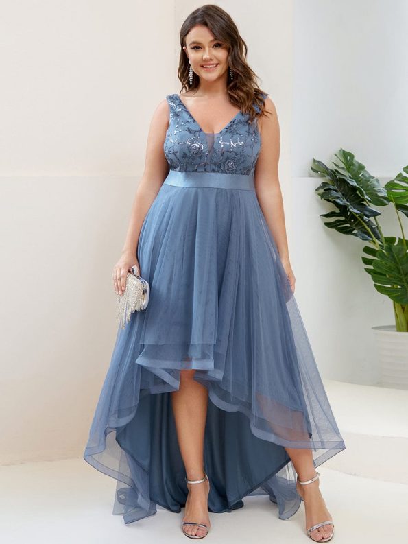 Plus Size Sequin High-Low Deep V Neck Tulle Prom Dresses - Dusty Navy