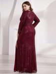 Shiny V Neck Sequin Long Sleeves Evening Dress – Burgundy