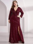 Shiny V Neck Sequin Long Sleeves Evening Dress – Burgundy