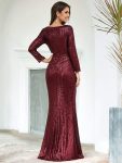 Shiny V Neck Sequin Long Sleeves Evening Dress – Burgundy