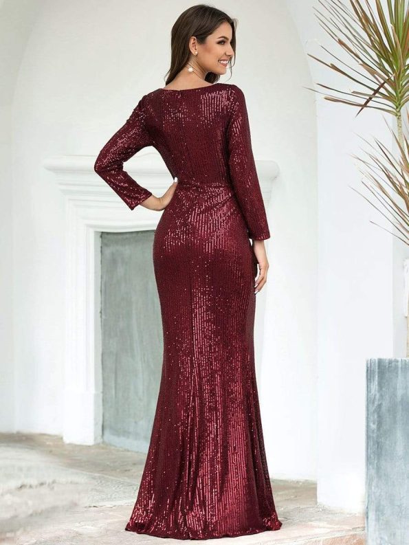 Shiny V Neck Sequin Long Sleeves Evening Dress - Burgundy