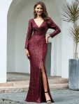 Shiny V Neck Sequin Long Sleeves Evening Dress – Burgundy