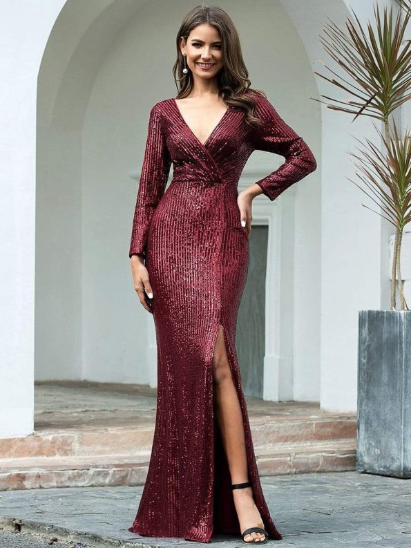 Shiny V Neck Sequin Long Sleeves Evening Dress - Burgundy