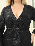 Shiny V Neck Sequin Long Sleeves Evening Dress – Black