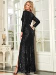 Shiny V Neck Sequin Long Sleeves Evening Dress – Black