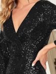 Shiny V Neck Sequin Long Sleeves Evening Dress – Black