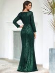 Shiny V Neck Sequin Long Sleeves Evening Dress – Dark Green