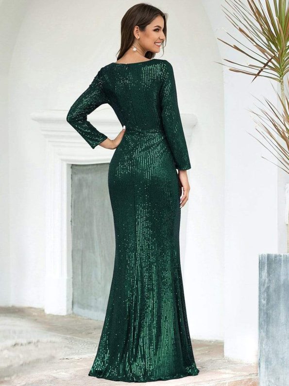 Shiny V Neck Sequin Long Sleeves Evening Dress - Dark Green