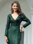 Shiny V Neck Sequin Long Sleeves Evening Dress – Dark Green