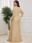 Shiny V Neck Sequin Long Sleeves Evening Dress – Gold