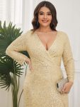 Shiny V Neck Sequin Long Sleeves Evening Dress – Gold