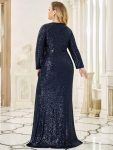 Shiny V Neck Sequin Long Sleeves Evening Dress – Navy Blue