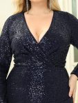 Shiny V Neck Sequin Long Sleeves Evening Dress – Navy Blue