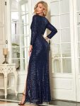 Shiny V Neck Sequin Long Sleeves Evening Dress – Navy Blue