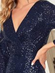 Shiny V Neck Sequin Long Sleeves Evening Dress – Navy Blue