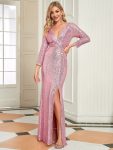 Shiny V Neck Sequin Long Sleeves Evening Dress - Purple Orchid