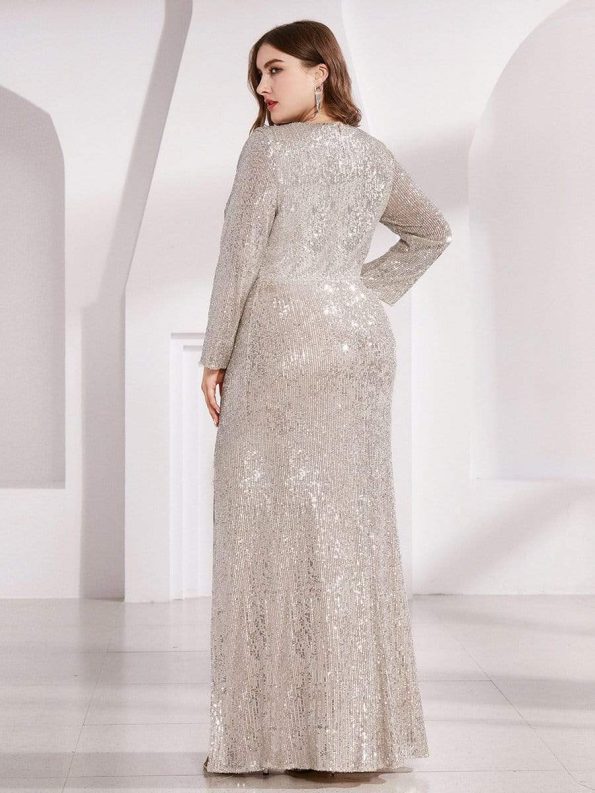 Shiny V Neck Sequin Long Sleeves Evening Dress - Champagne