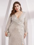 Shiny V Neck Sequin Long Sleeves Evening Dress – Champagne