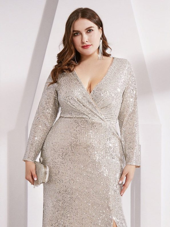 Shiny V Neck Sequin Long Sleeves Evening Dress - Champagne