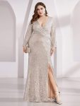 Shiny V Neck Sequin Long Sleeves Evening Dress – Champagne