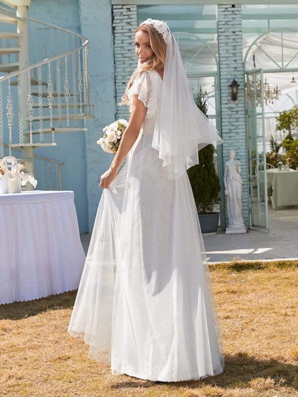 Elegant Maxi Lace Elopement Wedding Dress with Ruffle Sleeves - White