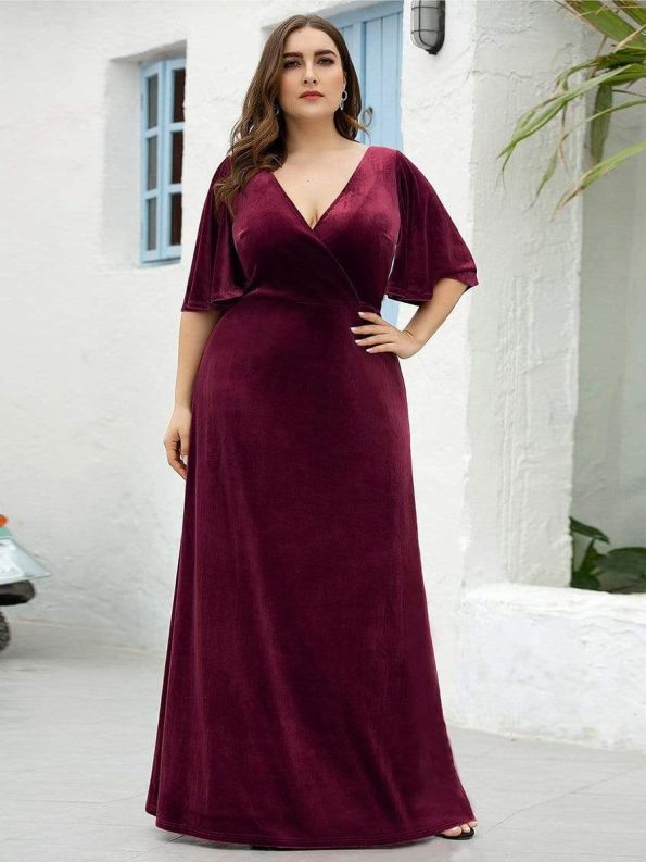 Vintage Plus Size Velvet Maxi Evening Dress - Burgundy