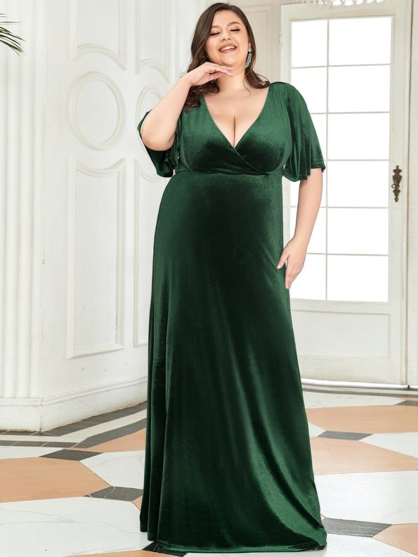 Vintage Plus Size Velvet Maxi Evening Dress - Dark Green