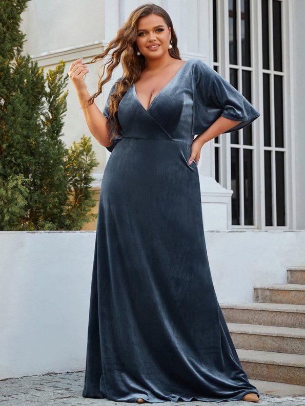 Vintage Plus Size Velvet Maxi Evening Dress - Dusty Navy